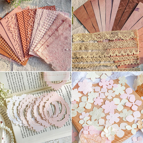 Diuhofart 94PCS Scrapbook Textured Paper for Crafts, Scrapbook Materials Lace Mesh Fabric Small Paper Flower Frame Boarder for Art Junk Journaling...