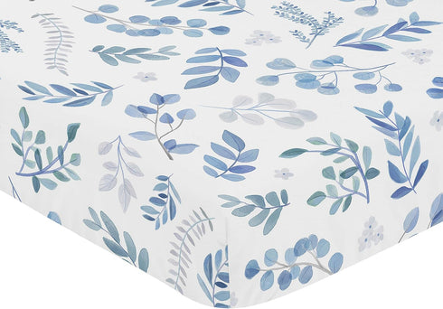 Sweet Jojo Designs Floral Leaf Boy or Girl Fitted Crib Sheet Baby or Toddler Bed Nursery - Blue Grey and White Boho Watercolor Botanical Flower Wo...