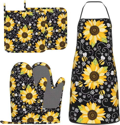 Sunflower Bees Oven Mitts and Pot Holders with Apron Set of 5 Silicone Sunflowers Kitchen Mitten Gloves and Non-Slip Potholders Cooking Apron Set ...