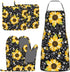 Sunflower Bees Oven Mitts and Pot Holders with Apron Set of 5 Silicone Sunflowers Kitchen Mitten Gloves and Non-Slip Potholders Cooking Apron Set ...