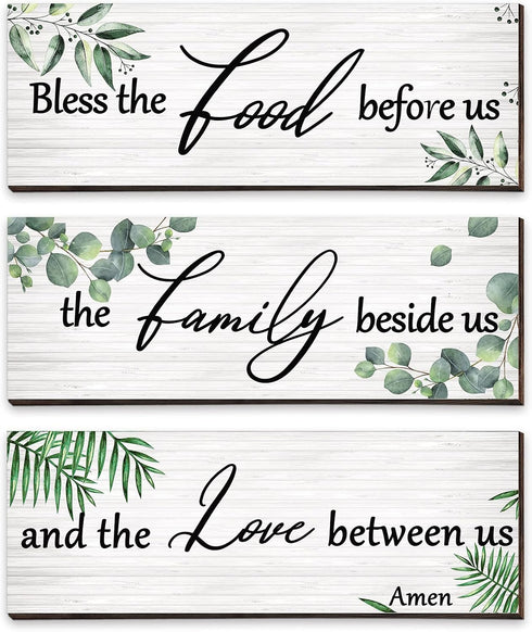Maitys 3 Pieces Eucalyptus Greenery Wooden Wall Sign Bless Family Food Love Plaque Botanical Leaf Wall Art Green Leaves Rustic Porch Decor Farmhou...