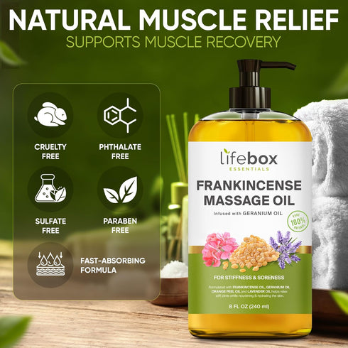 Frankincense Massage Oil – 100% Pure & Natural - Massage Therapy Oil for Soreness & Stiffness – Stretch Marks and Scars Body Oil Infused with Fran...