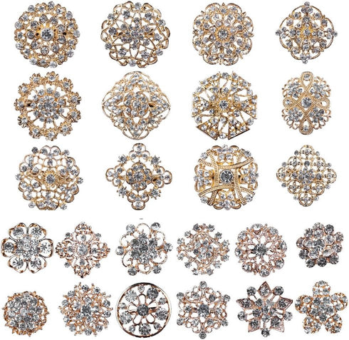 Lot 24pc Clear Rhinestone Crystal Flower Brooches Pins...