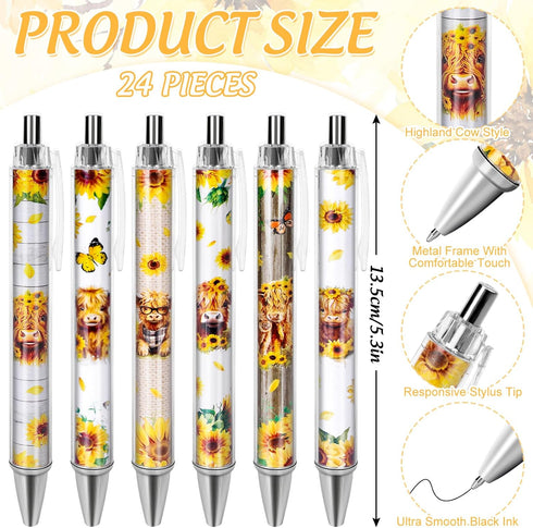 24Pcs Highland Cow Print Ballpoint Pens Retractable Rustic Cow Sunflower Picture Pens Plastic Black Ink Pens for School Home Office Wedding Baby S...