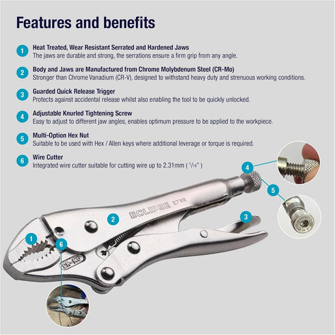 Eclipse Professional Tools E7WR 7 Inch Curved Jaw Locking Pliers with Wire Cutters (7" / 175mm)...