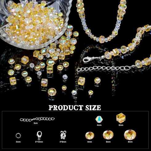 Premium Glass Crystal Beads for Bracelets Making Kit, 250pcs Showy Gold Crystal Beads for Jewelry Making Kit, 4/6/8mm Crystal Beads & Bead Assortm...