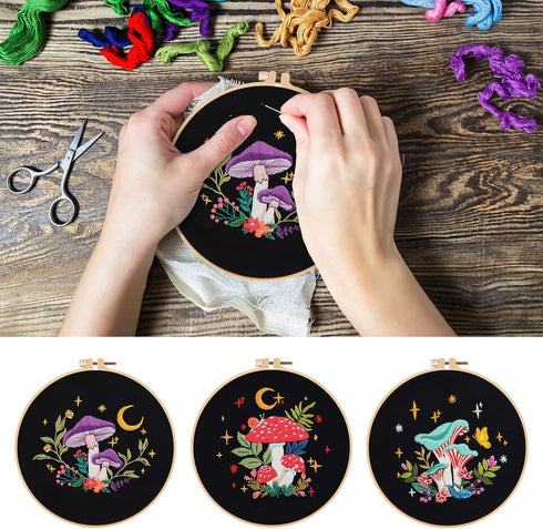 Nuberlic 3 Pack Embroidery Kit for Beginner Adults, Stamped Cross Stitch for Embroidery Starters with Mushroom Patterns Include 3 Embroidery Hoop,...
