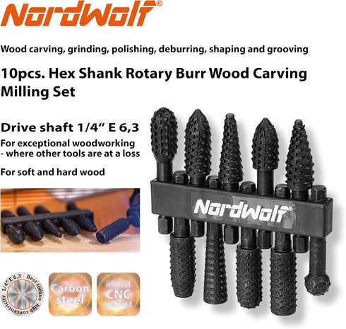 10-Piece Rotary Burr Wood Carving Rasp Files Set, with 1/4" Hex Shank for Wood & Rubber Deburring, Shaping and Grooving...