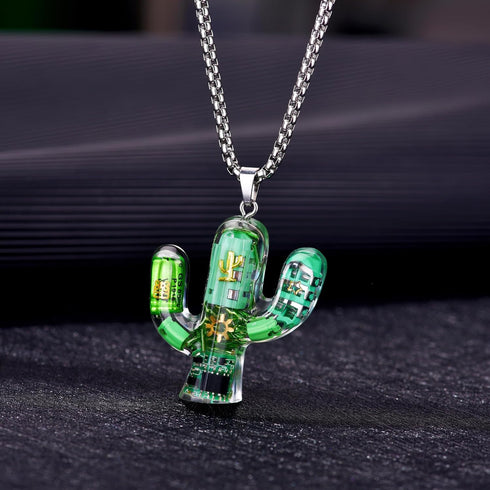 Cyberpunk Cactus pendant Necklace Steampunk Hip hop Pendant Mechanical Pendant Accessories Cool Pendant Necklace for Men and Women, Green...