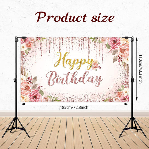 Happy Birthday Backdrop Decorations for Women Background Party Supplies Rose Backdrop Photography for Girls Boys Floral Glitters Banner Wedding Ba...