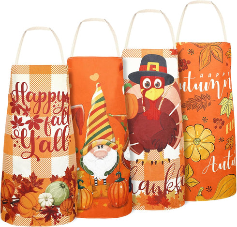 Whaline 4Pcs Fall Thanksgiving Aprons 4 Design Autumn Waterproof Chef Cooking Aprons Gnome Pumpkins Turkey Adjustable Aprons Fall Kitchen Collecti...