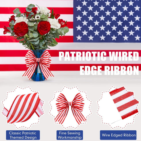 2 Rolls 20 Yard Red White and Blue Ribbon Patriotic Star and Striped Wired Ribbon Royal Blue USA Ribbon DIY Crafts for 4th of July, Independence D...