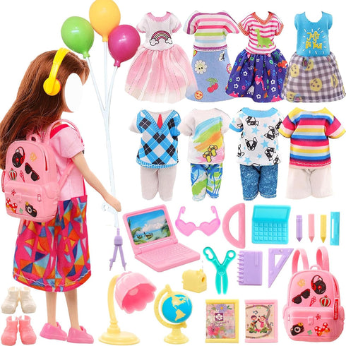 30 PCS 6 Inch Doll Clothes and School Playset with Ballons 3 Girl Dresses 3 Boy Outfits 2 Pair of Shoes and 19 Pcs Study Supplies for 6 Inch Doll ...