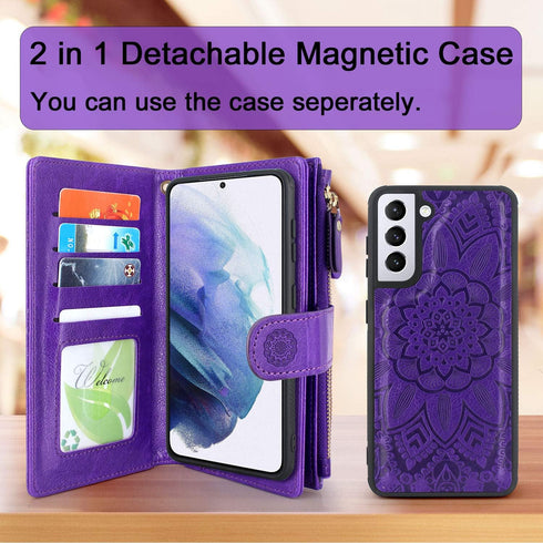 Harryshell Detachable Magnetic Zipper Wallet Leather Case Cash Pocket with 12 Card Slots Holder Wrist Strap for Samsung Galaxy S21 5G 6.2 Inch (20...