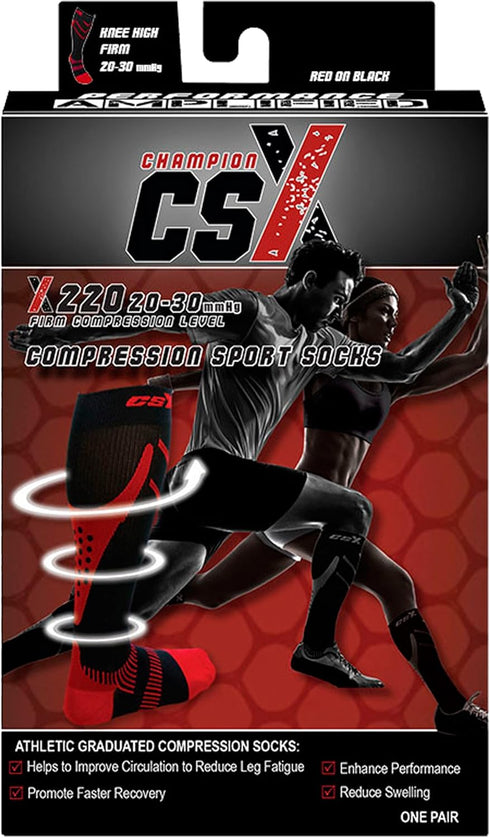 CSX 20-30 mmHg Compression Socks for Men and Women, Knee High, Recovery Support, Athletic Sport Fit, Red on Black, Large...