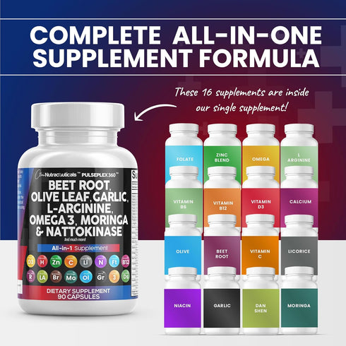 Beet Root Capsules 6000mg Olive Leaf 6000mg Nattokinase 4000 FU Garlic Extract 2000mg L-Arginine 400mg Omega 3 Red Yeast Rice Hibiscus Danshen - H...