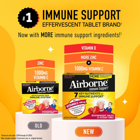 Airborne 1000mg Vitamin C with Vitamin D & Zinc, Sugar Free Multivitamin Immune Support Supplement, Antioxidants Vitamins A C & Vitamin E, 30 Effe...
