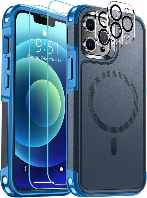 SUPFINE Magnetic for iPhone 12 Pro Max Case (Compatible with MagSafe) (12 FT Military Grade Drop Protection) 2X(Tempered Glass Screen Protector an...