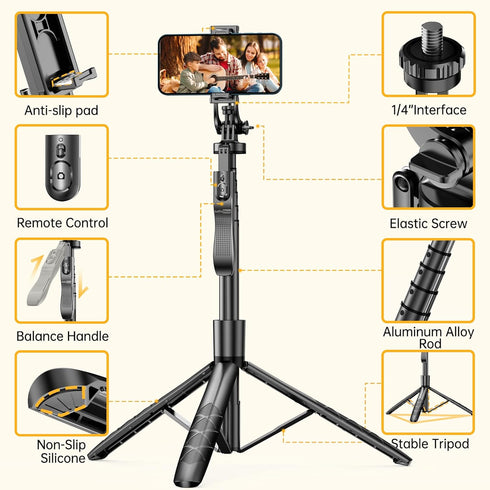 61" Selfie Stick Tripod, All in One Extendable Phone Tripod Stand with Wireless Remote 360° Rotation for iPhone and Android Phone Selfies, Video R...