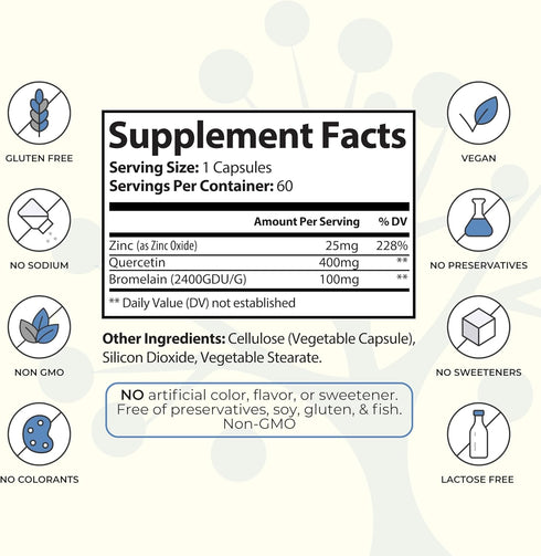 Quercetin Premium with Zinc and Bromelain - Immune System and Respiratory Health Support - Antioxidant Benefits - Non-GMO, Gluten-Free - 60 Vegan ...