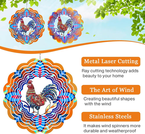 Rooster Metal Wind Spinners, Hanging Wind Spinners Outdoor,Stainless Steel Waterproof Wind Spinner, 12 Inch 3D Garden Art Decoration for Christmas...