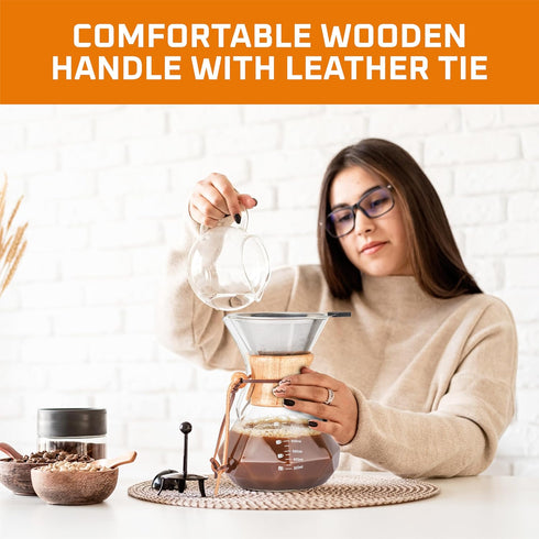 Bruntmor Pour Over Coffee Maker Dripper - Coffee Pot with Double-Layer Stainless Steel Coffee Filter - Portable Coffee Maker - Heat-Resistant Glas...