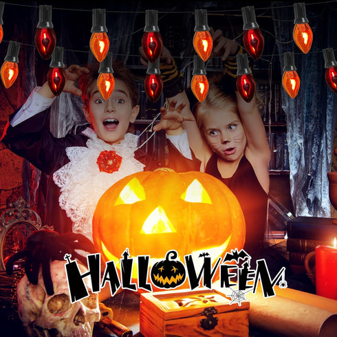 C7 Halloween String Lights,25FT Orange and Purple Halloween Lights with 27 Flickering Flame Light Bulbs(2 Spare) for Outdoor Garden Yard Home Hall...