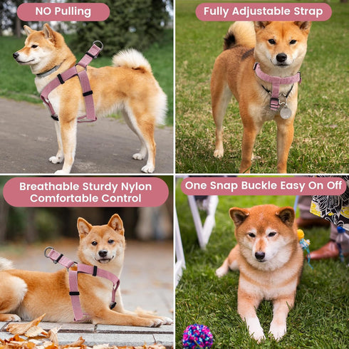 Pink Dog Harness and Leash Set, Adjustable Soft Breathable Bamboo Fabric Gentle Comfortable Control Harness & Pet Leash with Easy Snap Hook for La...
