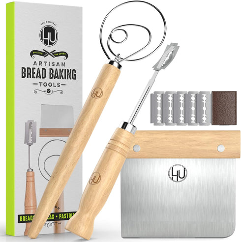 LHU Bread Making Tools and Supplies - Set of 3 - Danish Dough Whisk, Bread Lame, Bench Scraper - Dough Hook with Bread Scraper, Lame Bread Tool, B...