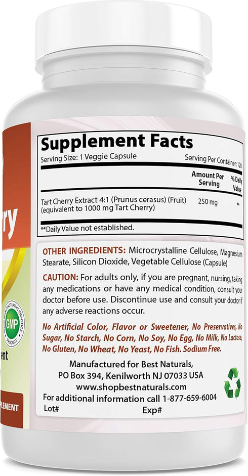 Best Naturals Tart Cherry Extract 1000 mg (Non-GMO) Veggie Capsules - Promotes Healthy Uric Acid levels within normal range, Healthy Joint Functio...