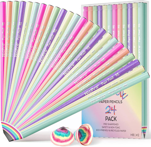 Nicpro 24PCS Rainbow Pencils HB #2, Cute Pastel Pencils Pre-Sharpened Wooden Pencils, Break-Resistant & Eco-friendly Recycled Paper Pencil For Kid...