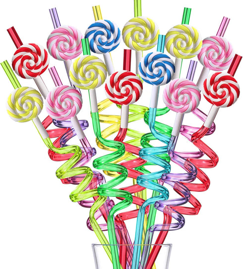 Candyland Party Supplies Drinking Plastic Straws Reusable 24 for Kids Sweet Candy Lollipop Birthday Party Favors with 2 Cleaning brush...