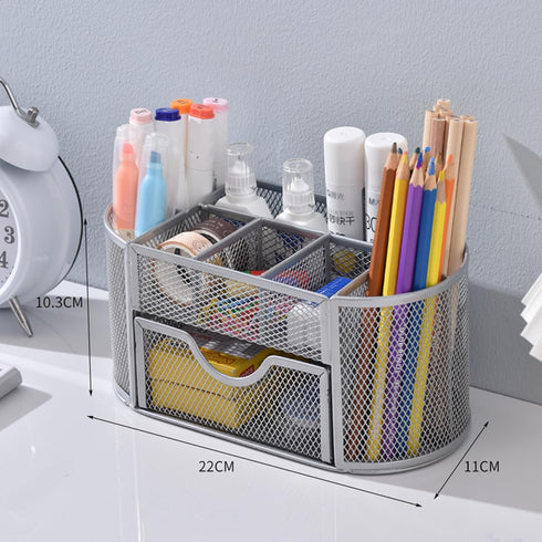 Silver Mesh Pen Holder and Organizer Office Supplies with 9 Compartments, Desktop Organizer with Drawer, Metal Pen Holder for Desk, ?9.25" x 4.53"...