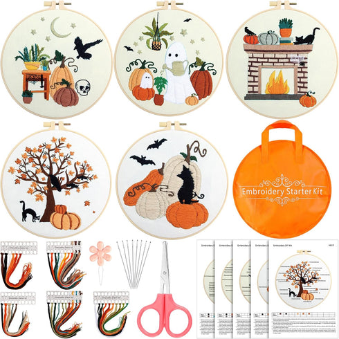 Yuxung 5 Sets Embroidery Kit for Beginners Adult Fall Thanksgiving Embroidery with Pumpkin Maple Leaf Pattern DIY Starter Needlepoint Kit with Emb...