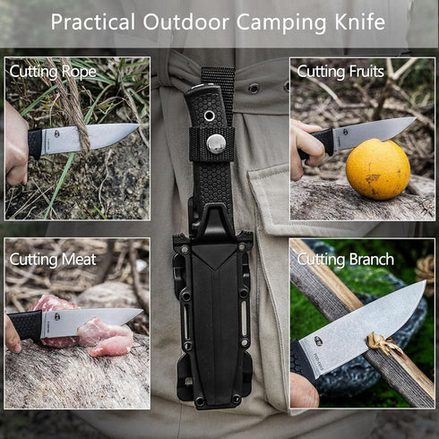 HX OUTDOORS Full Tang Camping Knife, 5CR15 MOV Stainless Steel Fixed Blade Survival Bushcraft Knife with Plastic Sheath (Black)...
