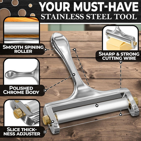 Cheese Slicer Wire - Sharp & Strong Stainless Steel Cheese Cutter Handheld with 2 Extra Wires, Slice Tickness Adjuster, Comfortable Handle & Dishw...