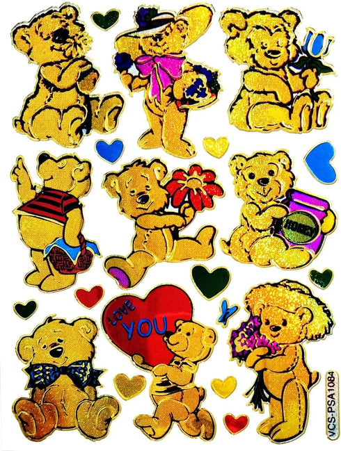 Stickers Pack 10 Sheets Lovely Gold Teddy Bear Red Hearts Valentine Cartoon Stickers Craft Scrapbooking Book Album Card Diary Calendars Planner De...