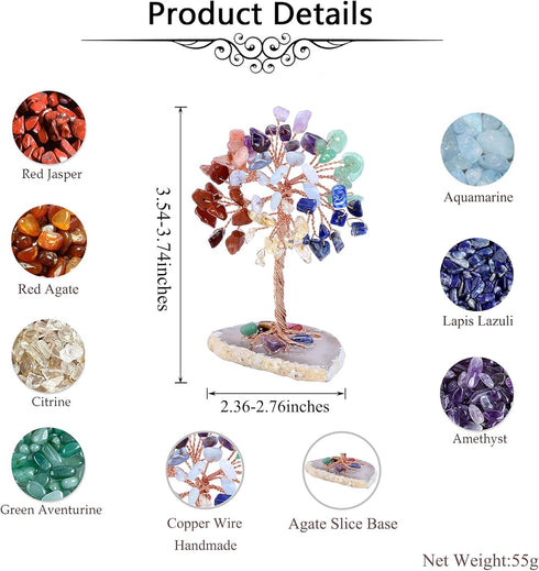 Jovivi Natural 7 Chakra Healing Crystals Tree on Agate Slice Base Healing Stones Gem Money Tree for Feng Shui Home Office Table Decorations...