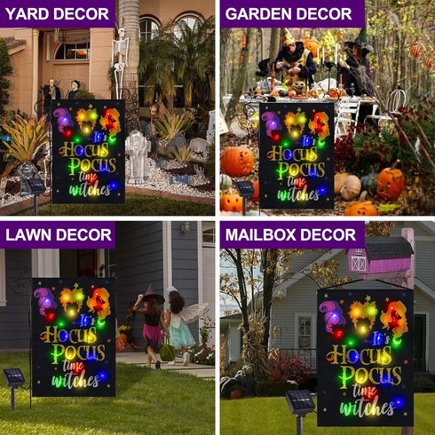 Solar Lighted Halloween Garden Flag It's Hocus Pocus Time Witches Flags for Garden Patio Lawn Outside Halloween Decorations Garden Decor (Hocus Po...