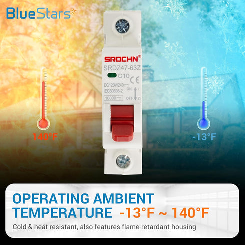 BlueStars 10 Amp DC Miniature Circuit Breaker, 120V/240V 1 Pole DIN Rail Mount for Battery & Solar Panels PV System, Thermal Magnetic Trip, Single...
