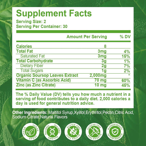 Organic Soursop Graviola Gummies| Organic Soursop Leaves and Seeds Extract 2000mg| Digestive Aid, Immune Support and Antioxidant Properties| Non-G...