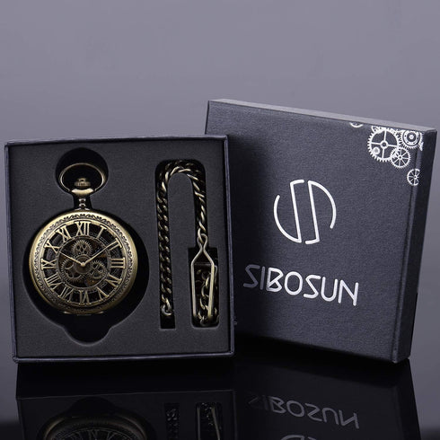 SIBOSUN Pocket Watch Skeleton Mechanical Double Case Hand-Wind Roman Numerals Antique Chain Mens...