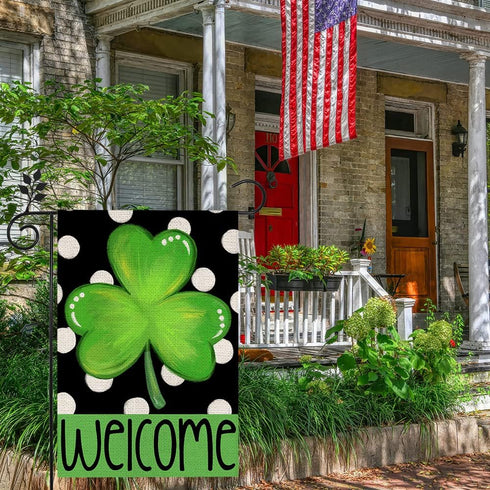 CROWNED BEAUTY St Patricks Day Shamrock Garden Flag 12×18 Inch Double Sided Green Clover Small Burlap Welcome Polka Dots Holiday Yard Flag for Out...