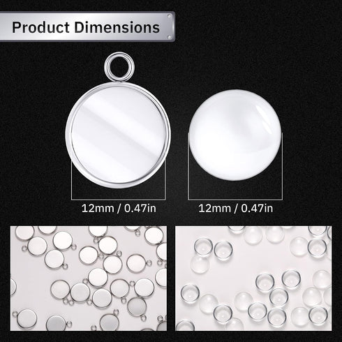 Hicarer 200 Pieces 12 mm Stainless Steel Round Blank Bezel Set, Including 100 Pendant Trays 100 Glass Cabochon Trays Pendant Blanks for Jewelry Ma...