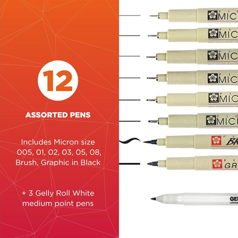 SAKURA Pigma Micron Fineliner Pens & Gelly Roll Classic White Pens - Pens for Writing, Drawing, or Journaling - Assorted Point Sizes - 8 Black Ink...