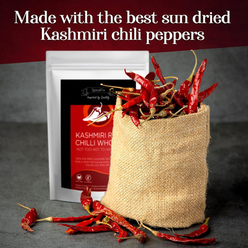 SpiceFix - Whole Kashmiri Red Chilli Pepper, Mild to Medium Heat Natural Stemless Chillies, Sun-Dried Red Pepper, Indian Dried Chili Peppers in a ...