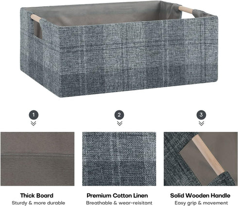 Fabric Storage Bin Box Collapsible Cotton Linen Storage Cube with Wooden Handles Rectangular Decorative Home Organizer Clothes Blanket Basket– Dar...