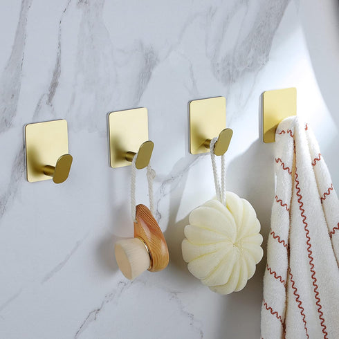 DELITON Adhesive Towel Hooks Gold - 4 Pack Towel Hook for Coat Robe Stick on Bathroom Wall Brushed Gold Finish Stainless Steel...