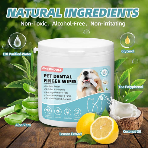 Dog Teeth Cleaning Wipes - Dog Dental Wipes Cat Tooth Brushing Kit Finger Toothbrush Care Pet Wipes Reduces Plaque & Freshens Breath 50 Counts...