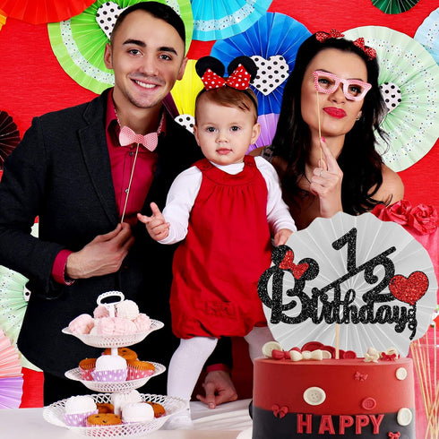 Happy 1/2 Birthday Cake Topper, Black and Red Glitter Mouse Theme Baby Shower Sign, Carton Theme Cake Decoration, 6 Months Birthday Party Supplies...
